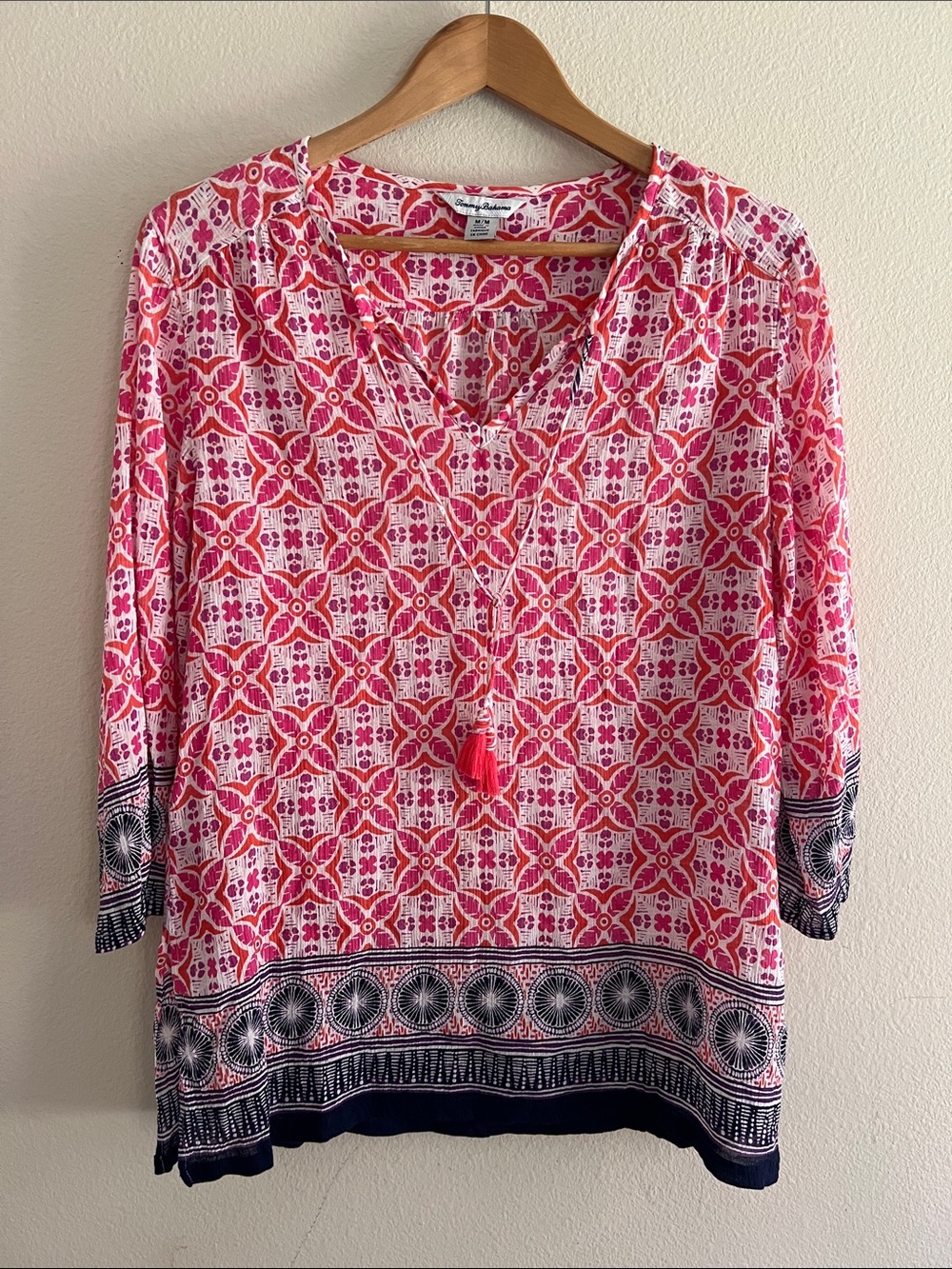 Tommy Bahama Cotton Pink Floral Geometric Border Print Tassel Tunic Top M